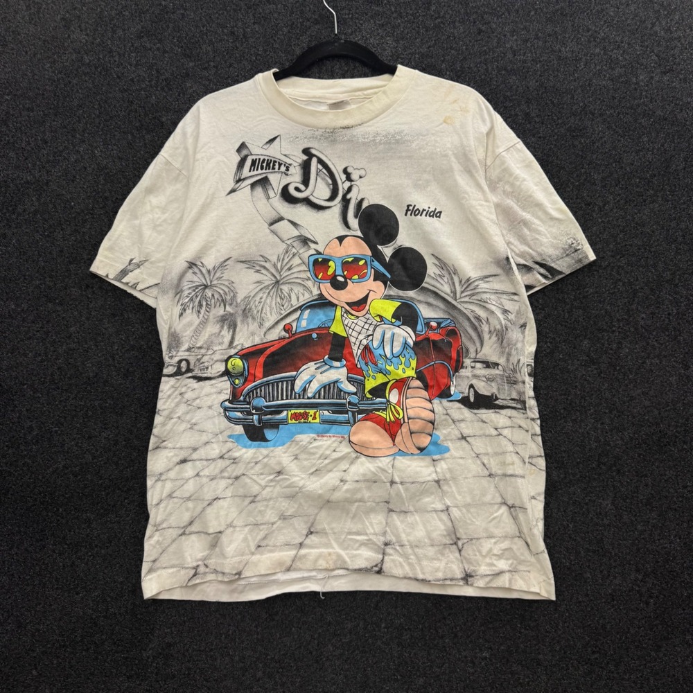 Vintage Mickey Mouse Florida All Over Print T-Shirt Sherry's Best White Large